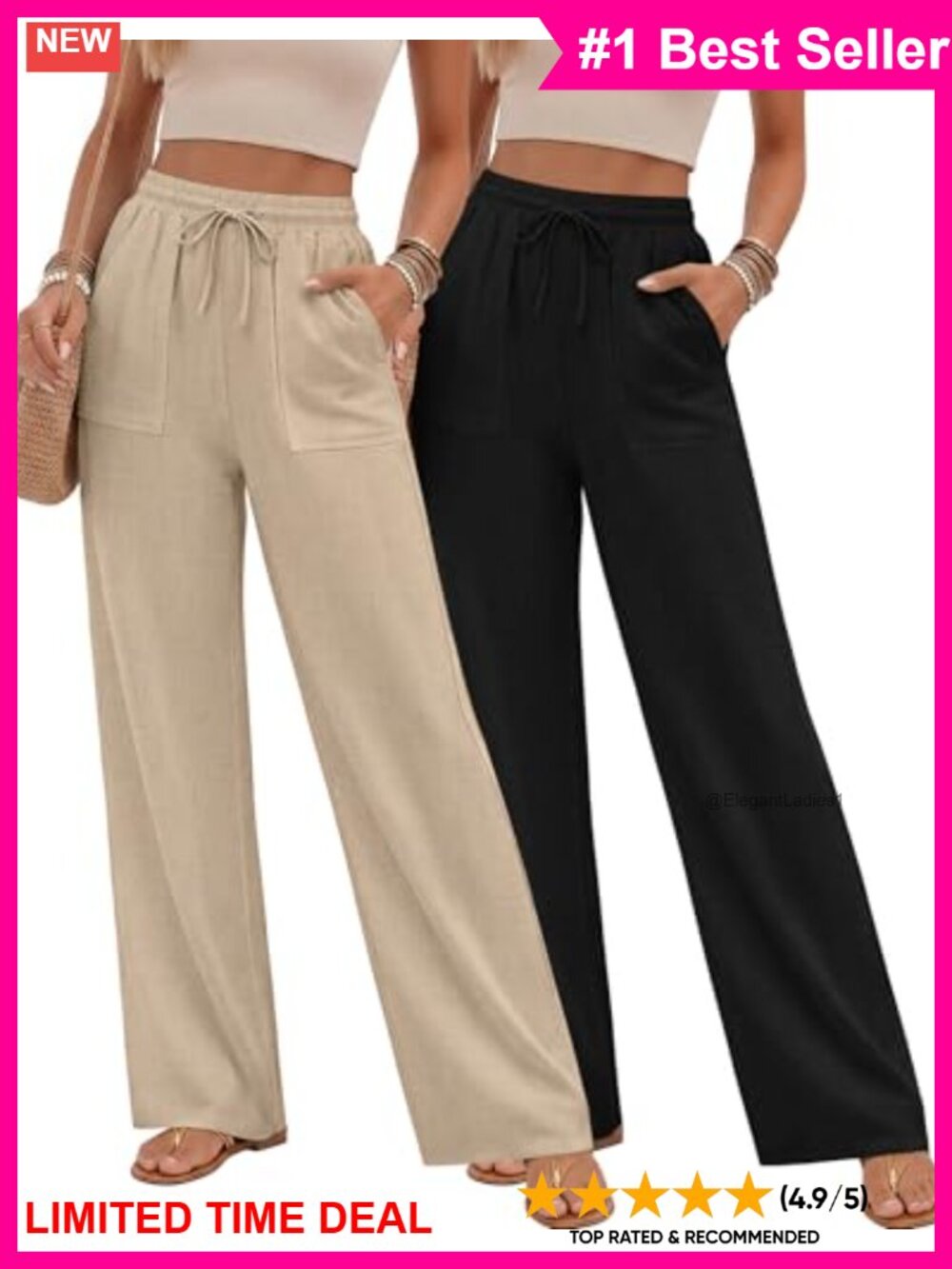 Linen Blend Wide Leg Palazzo Pants Drawstring Elastic Waist Summer